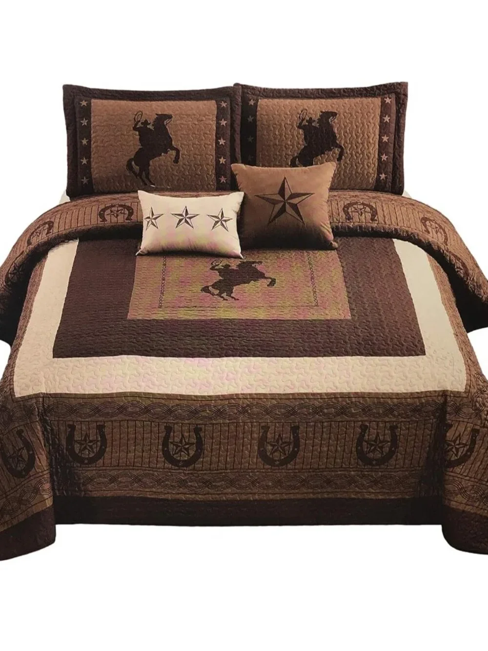 New 5 Pieces Western Stars and Horses Cowboy Luxury Home Quilt Bedspread Oversiz